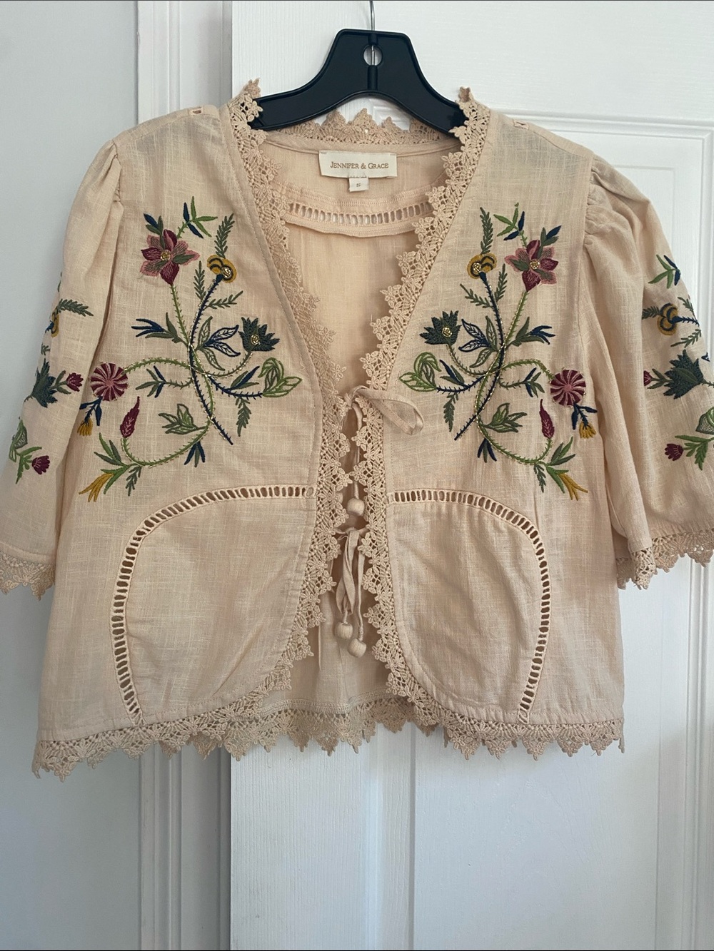 Zadig & Voltaire Embroidered Beige Tie-Front Blouse